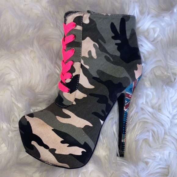 MOCHI Camo UK Rhinestone Lace Up Stiletto Platform Ankle Boots Booties 7 - Picture 14 of 16